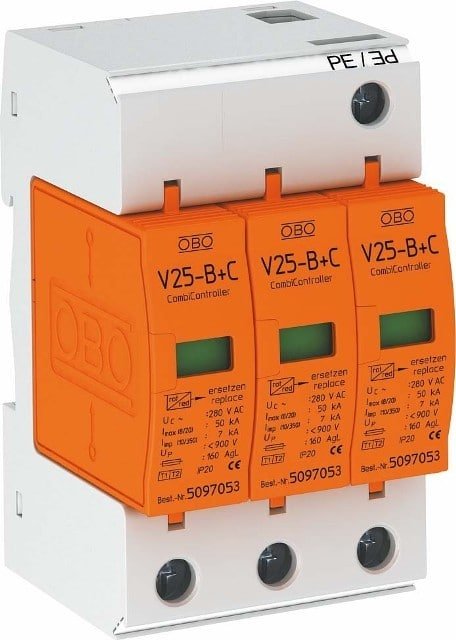 V 25-B+C/3 - 280 (280V, 3P, In 30kA/P, Imax 50kA/P) chống xung sét 10/350us, xung lan truyền 8/20us, trên đường truyền