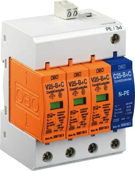 V 25-B+C/3+NPE (280V, 3P+NPE, In 30kA/P, Imax 50kA/P)chống xung sét 10/350us, xung lan truyền 8/20us, trên đường truyền
