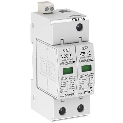 OBO V20-C/2-280 : Chống sét 2P 230VAC, Imax 80kA ( Chống xung lan truyền ( xung 8/20 ) trên đường nguồn cho tủ nhắn