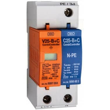 OBO V25-B+C1+NPE : Chống sét 2P In 60kA, N-PE chống xung sét 10/350us, xung lan truyền 8/20us, trên đường truyền