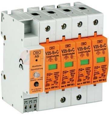 OBO V25-B+C/4-AS: Chống sét 3 pha In 120kA, Imax 200kA, còi báo chống xung sét 10/350us, xung lan truyền 8/20us, trên đường truyền