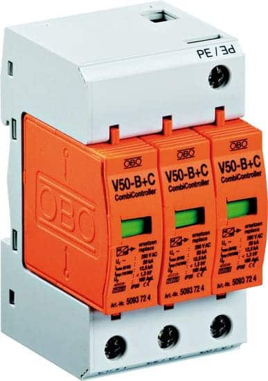 OBO V50-B+C/3 : Chống sét 30kA/pha, 90kA total, 150kA max chống xung sét 10/350us, xung lan truyền 8/20us, trên đường truyền